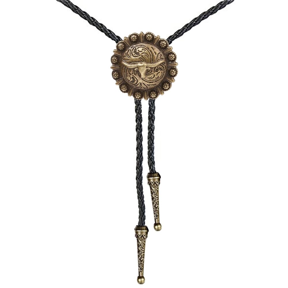 5423 Western Longhorn Bolo Tie , Leather Cowboy Necktie Necklace Bolo Tie